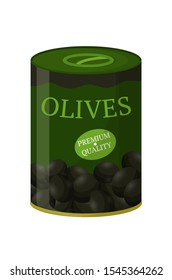 Black canned olives flat vector illustration. Eco product isolated clipart on white background. Premium quality preserved organic olives in metal jar. Natural olea europaea cartoon design element
