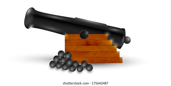 black cannon and balls with shadow on white background