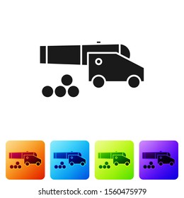 Black Cannon with cannonballs icon isolated on white background. Medieval weapons. Set icons in color square buttons. Vector Illustration