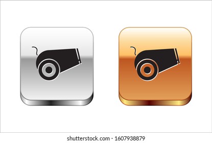 Black Cannon icon isolated on white background. Medieval weapons. Silver-gold square button. Vector Illustration