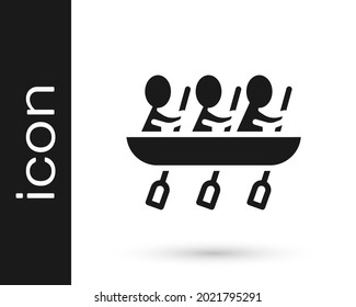 Black Canoe rowing team sports icon isolated on white background. Three athletes with oars rowing in boat. Teamwork concept.  Vector