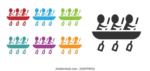 Black Canoe rowing team sports icon isolated on white background. Three athletes with oars rowing in boat. Teamwork concept. Set icons colorful. Vector