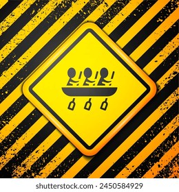 Black Canoe rowing team sports icon isolated on yellow background. Three athletes with oars rowing in boat. Teamwork concept. Warning sign. Vector