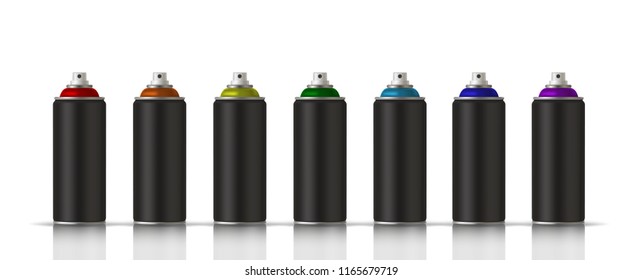 Black cans of spray paint in various colors. Colors of Rainbow. Vector illustration EPS 10