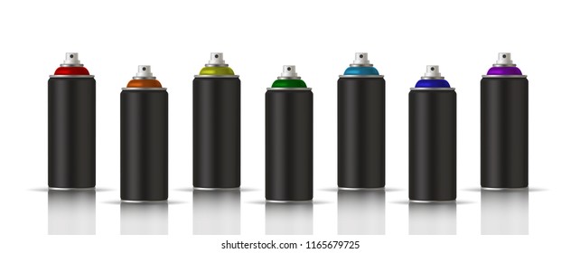 Black cans of spray paint in various colors. Colors of Rainbow. Vector illustration EPS 10