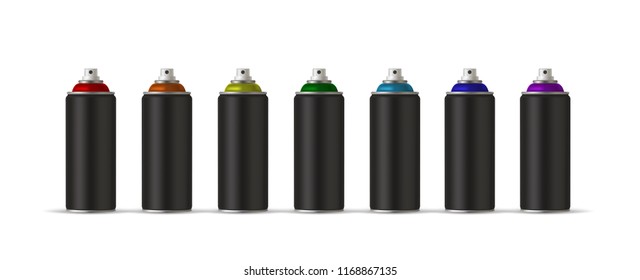 Black cans of spray paint in various colors. Colors of Rainbow. Vector illustration EPS 10