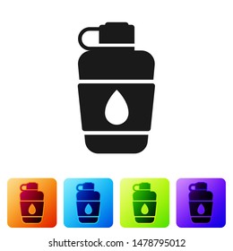Black Canteen water bottle icon isolated on white background. Tourist flask icon. Jar of water use in the campaign. Set icons in color square buttons. Vector Illustration