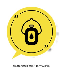 Black Canteen water bottle icon isolated on white background. Tourist flask icon. Jar of water use in the campaign. Yellow speech bubble symbol. Vector Illustration