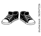 Black canvas sneakers cartoon drawing. Classic sports shoes hand drawn vector illustration.