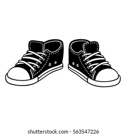 Black canvas sneakers cartoon drawing. Classic sports shoes hand drawn vector illustration.