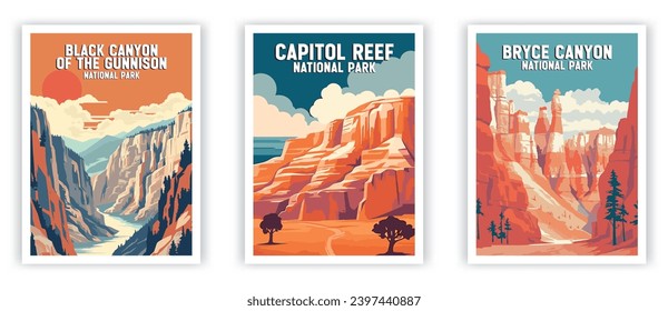 Black Canyon of The Gunnison, Capitol Feef, Bryce Canyon National Park Illustration Art. Travel Poster Wall Art. Minimalist Vector art.