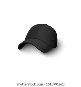 Black cap mockup isolated on white background - realistic baseball hat merchandise branding template. Dark matte fashion accessory vector illustration.