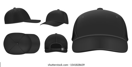 Black cap mockup. Sport baseball caps template, summer hat with visor and uniform hats different views realistic 3D vector set. Headwear illustrations collection. Cap front, top, side, back view
