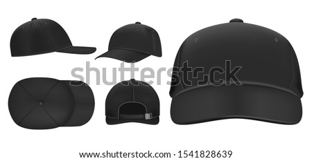 Black cap mockup. Sport baseball caps template, summer hat with visor and uniform hats different views realistic 3D vector set. Headwear illustrations collection. Cap front, top, side, back view