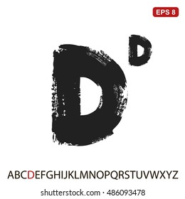 Black capital handwritten vector letter "D" on a white background. Drawn by semi-dry brush with unpainted areas.