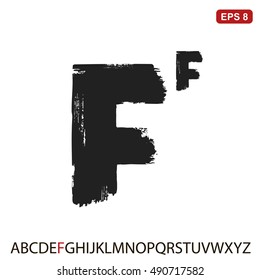 Black capital handwritten vector letter "F" on a white background. Drawn by semi-dry brush with unpainted areas.