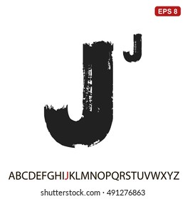 Black capital handwritten vector letter "J" on a white background. Drawn by semi-dry brush with unpainted areas.