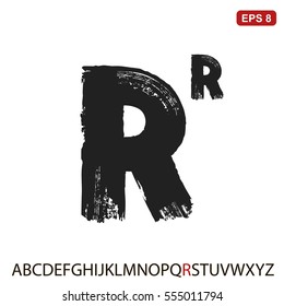 Black capital handwritten vector letter "R" on a white background. Drawn by semi-dry brush with unpainted areas.  