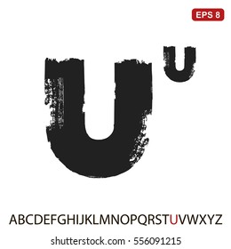 Black capital handwritten vector letter "U" on a white background. Drawn by semi-dry brush with unpainted areas. 