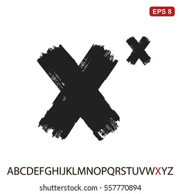 Black capital handwritten vector letter "X" on a white background. Drawn by semi-dry brush with unpainted areas.  
