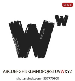Black capital handwritten vector letter "W" on a white background. Drawn by semi-dry brush with unpainted areas.  