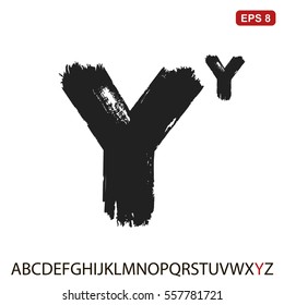 Black capital handwritten vector letter "Y" on a white background. Drawn by semi-dry brush with unpainted areas.  