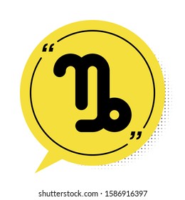 Black Capricorn zodiac sign icon isolated on white background. Astrological horoscope collection. Yellow speech bubble symbol. Vector Illustration