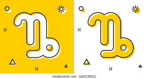 Black Capricorn zodiac sign icon isolated on yellow and white background. Astrological horoscope collection. Random dynamic shapes. Vector Illustration