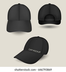 Black caps mockup in front, side and back views. Vector templates. Fully editable handmade mesh. Realistic hat set used for advertising labels, logo, emblem design or textile goods, for websites.