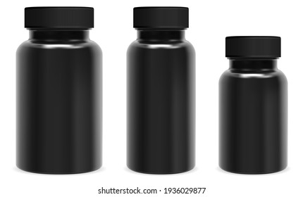 Black Capsule Bottle. Pill Jar Mockup, Medicine Container Plastic Package. Supplement Bottle Blank Design, Medical Tablet Screw Packaging Template. Health Sport Template