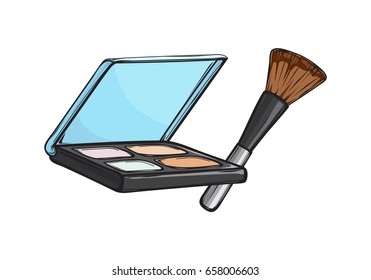 Black capsule with eyeshadows and brush isolated on background. Make up beauty tool vector illustration. Women face appliance to emphasize eyes . Compact cosmetic for bright look.