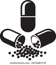 Cápsula negra derramando Pequeñas píldoras redondas medicina salud