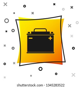 Black Car battery icon isolated on white background. Accumulator battery energy power and electricity accumulator battery. Yellow square button. Vector Illustration