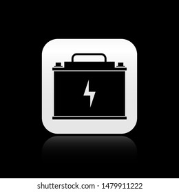 Black Car battery icon isolated on black background. Accumulator battery energy power and electricity accumulator battery with Lightning bolt. Square button vector Illustration