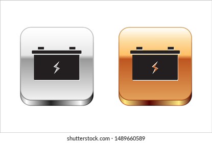 Black Car battery icon isolated on white background. Accumulator battery energy power and electricity accumulator battery. Silver-gold square button. Vector Illustration