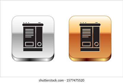 Black Car battery icon isolated on white background. Accumulator battery energy power and electricity accumulator battery. Silver-gold square button. Vector Illustration