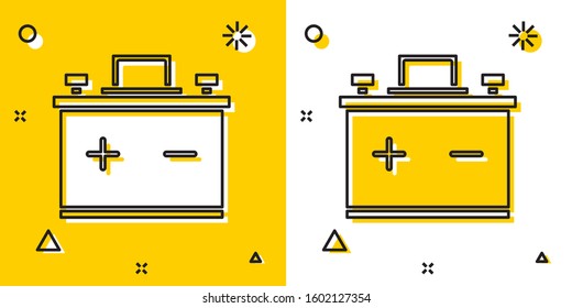 Black Car battery icon isolated on yellow and white background. Accumulator battery energy power and electricity accumulator battery. Random dynamic shapes. Vector Illustration