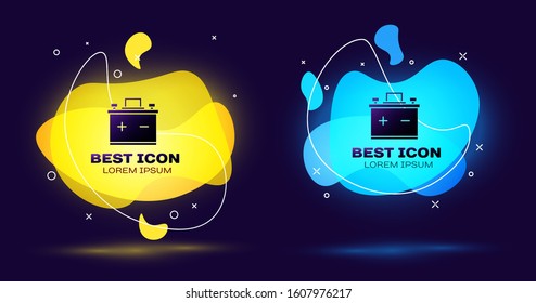 Black Car battery icon isolated on blue background. Accumulator battery energy power and electricity accumulator battery. Set abstract banner with liquid shapes. Vector Illustration