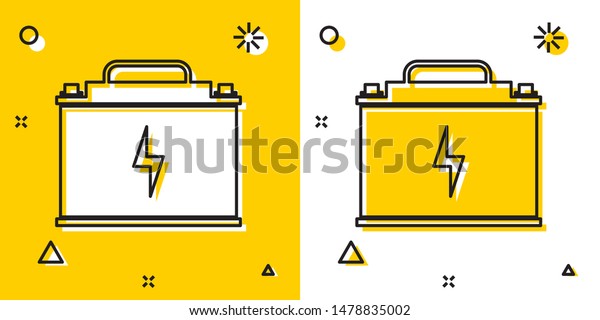 Black Car battery icon isolated on yellow\
and white background. Accumulator battery energy power and\
electricity accumulator battery. Lightning bolt. Random dynamic\
shapes. Vector\
Illustration