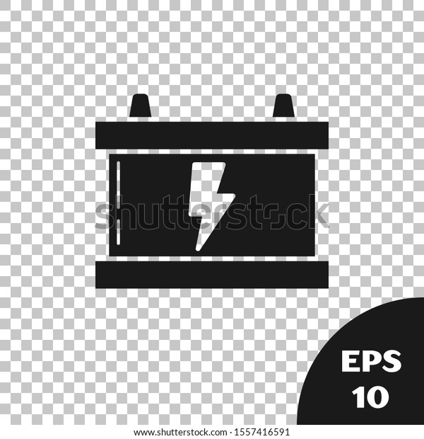 Black Car battery icon\
isolated on transparent background. Accumulator battery energy\
power and electricity accumulator battery. Lightning bolt.  Vector\
Illustration