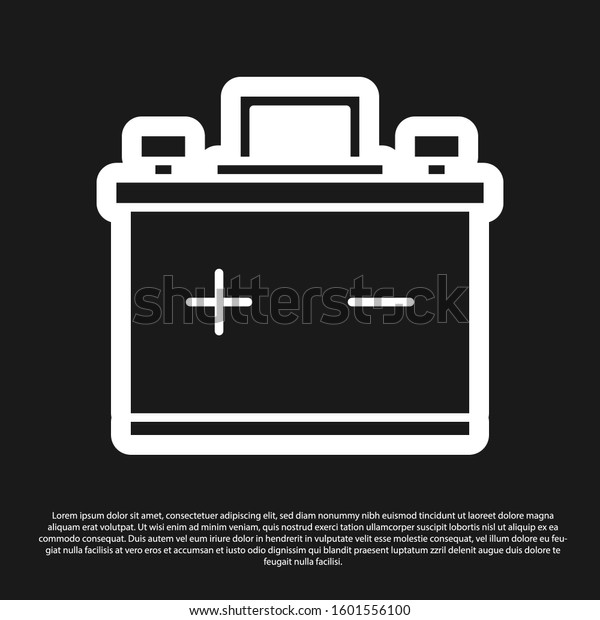 Black Car battery icon isolated on black\
background. Accumulator battery energy power and electricity\
accumulator battery.  Vector\
Illustration