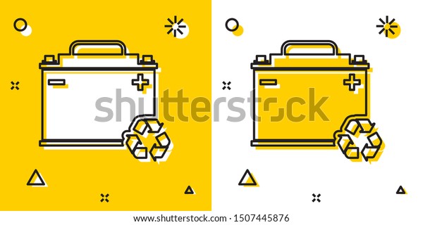 Black Car battery with recycle icon isolated\
on yellow and white background. Accumulator battery energy power\
and electricity accumulator battery. Random dynamic shapes. Vector\
Illustration