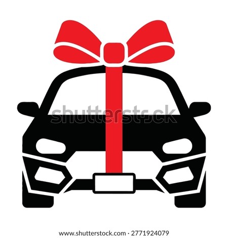 Black car with a big red bow on top, symbolizing a gift or a present for a special occasion or holiday