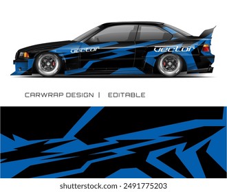 Black car with blue and black abstract design, ideal for custom car wrap designs, branding mockups, and advertising concepts.