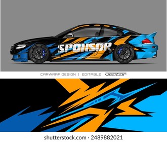 Black car with blue and orange racing stripes and sponsor decal. Perfect for automotivethemed designs, posters, brochures, or racing event promotions.