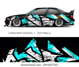 Black car with blue and white design. Suitable for automotive advertisements, car enthusiast blogs, or website headers. Good for transportation themed projects.