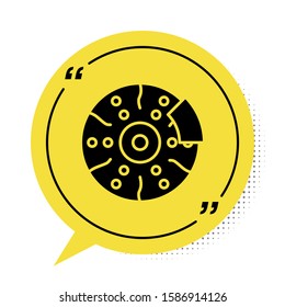 Black Car brake disk with caliper icon isolated on white background. Yellow speech bubble symbol. Vector Illustration