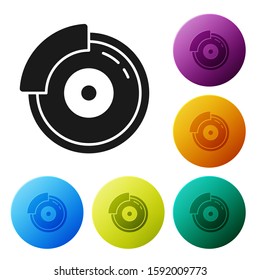 Black Car brake disk with caliper icon isolated on white background. Set icons colorful circle buttons. Vector Illustration