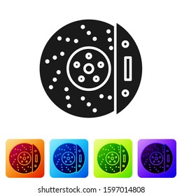 Black Car brake disk with caliper icon isolated on white background. Set icons in color square buttons. Vector Illustration