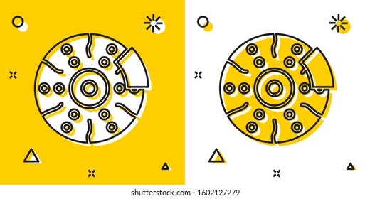 Black Car brake disk with caliper icon isolated on yellow and white background. Random dynamic shapes. Vector Illustration